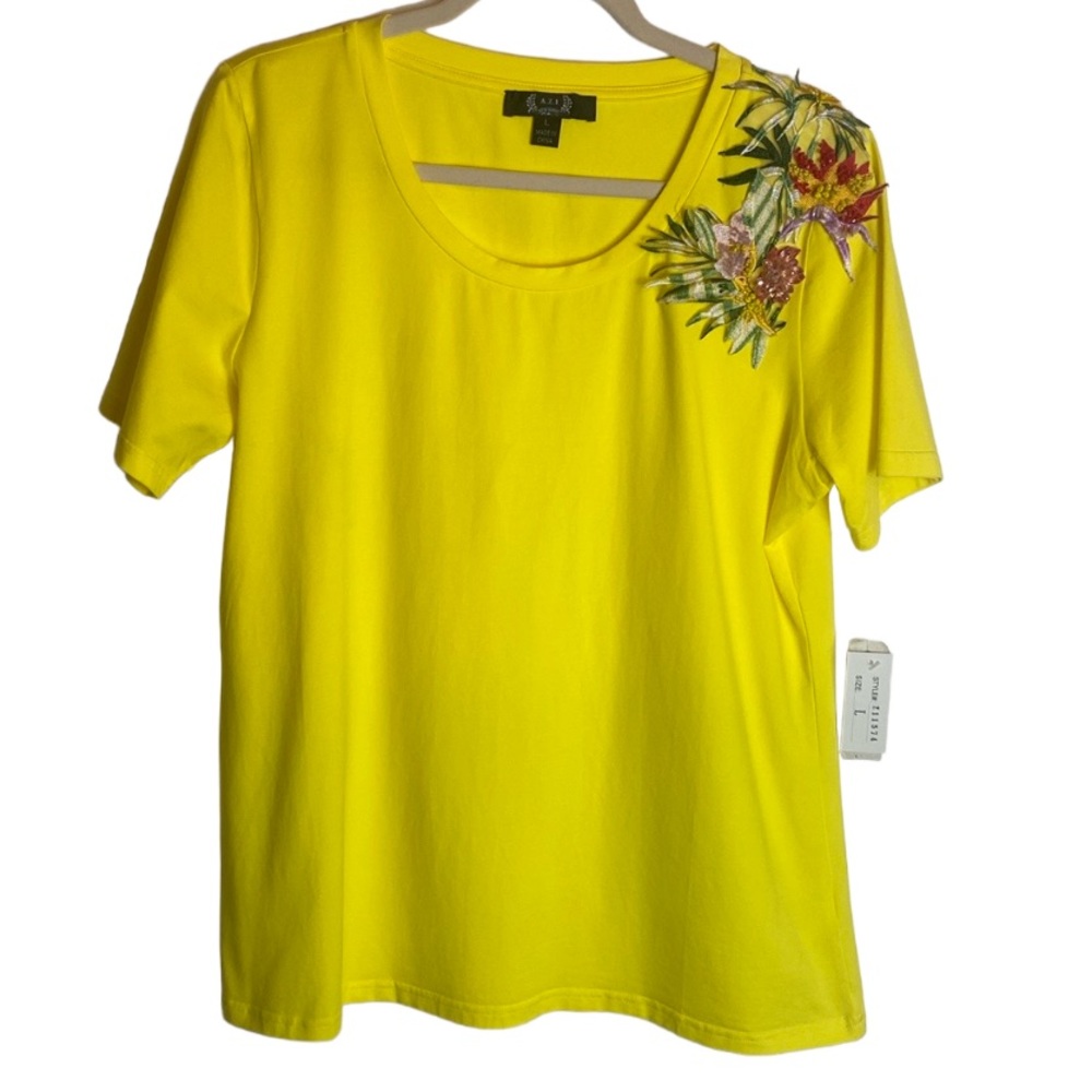 AZI Women's Bright Canary Yellow Top Flower Beaded Embroidered S/S Large NEW